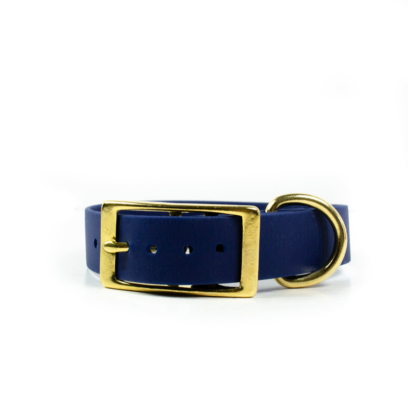 navy blue biothane dog collar and leash with solid brass gold hardware by pawties