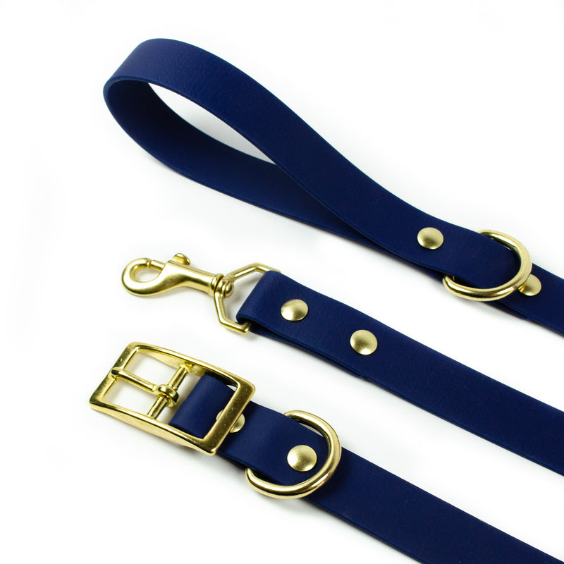 navy blue biothane dog collar and leash with solid brass gold hardware by pawties