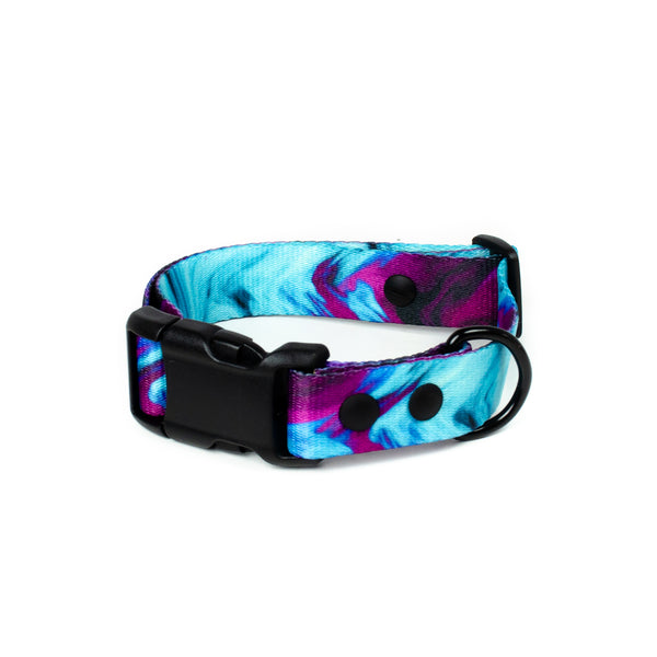 blue and purple tie dye dog collar with matte black metal and solid brass hardware.
