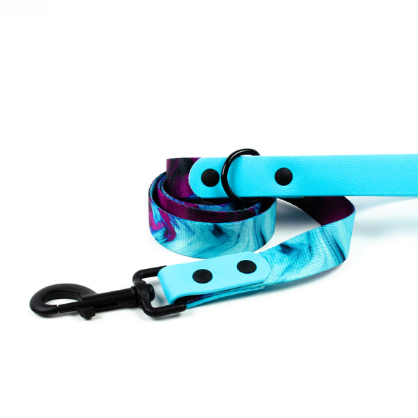 blue and purple tie dye dog leash with matte black metal, solid brass hardware. and blue biothane by PawTies