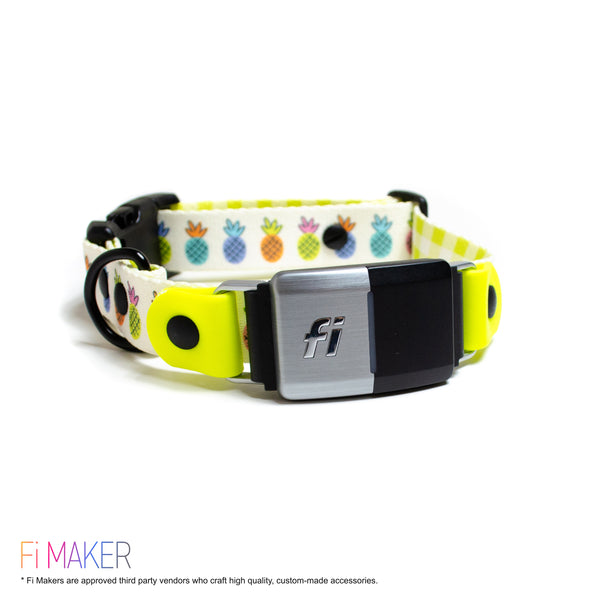 A Fi Compatible collar, approved for the Fi Maker program. Webbing is a colorful pineapple design with neon yellow BioThane pieces that hold the Fi dog GPS tracker in place