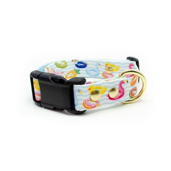 pool floats summer print dog collar with gold metal and solid brass hardware by pawties. Pattern includes: flamingos, ducks, birds, pineapples, waves and donuts