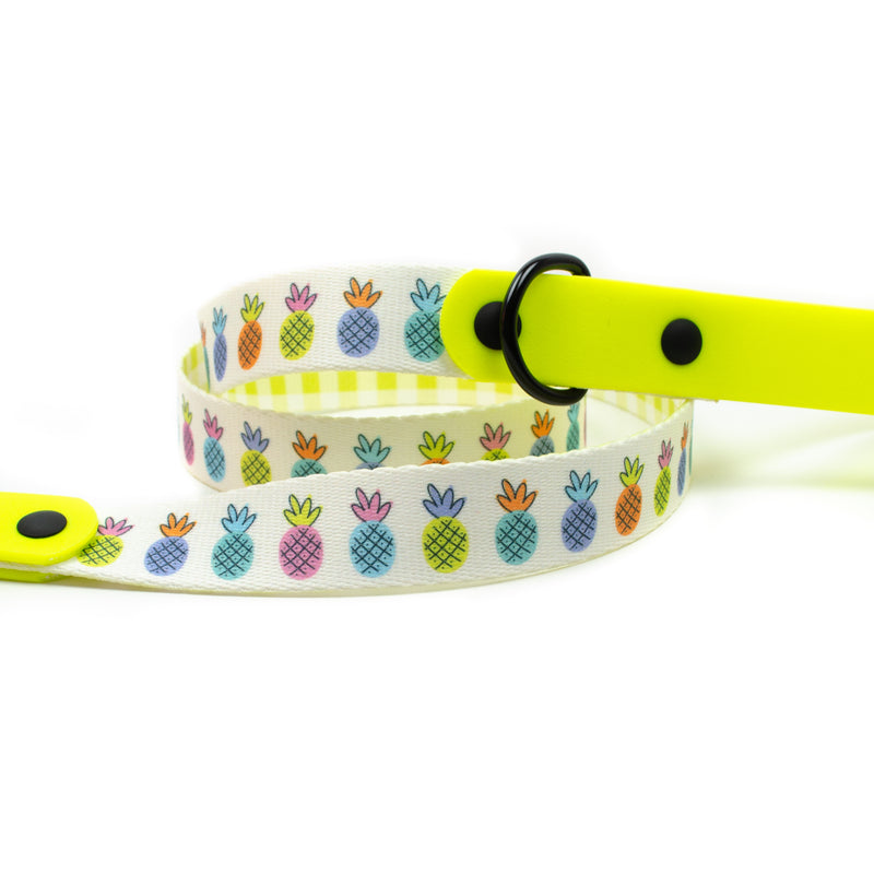 pineapple summer print dog leash with matte black metal and solid brass hardware and yellow biothane by pawties