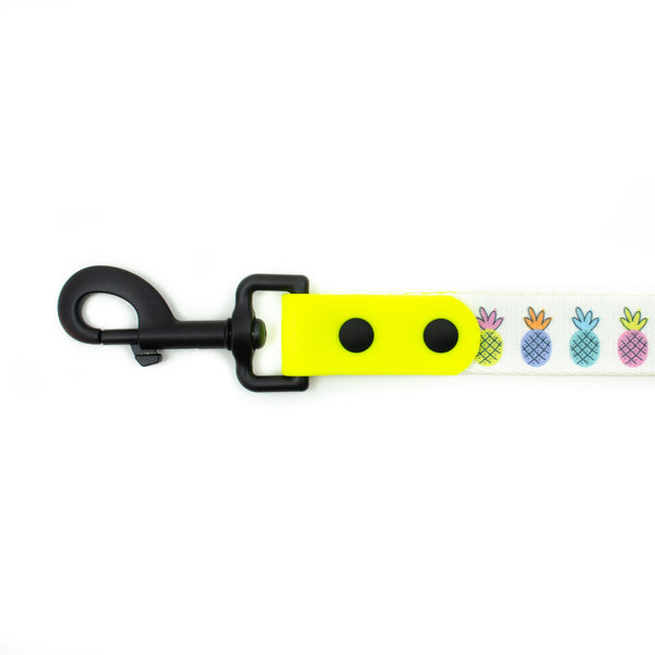 pineapple summer print dog leash with matte black metal and solid brass hardware and yellow biothane by pawties