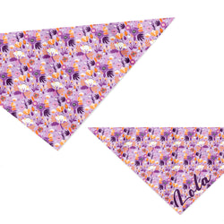 dog athleisure bandana made from stretchy fabric. Featuring a purple, pink and orange floral pattern with the option to add a custom name