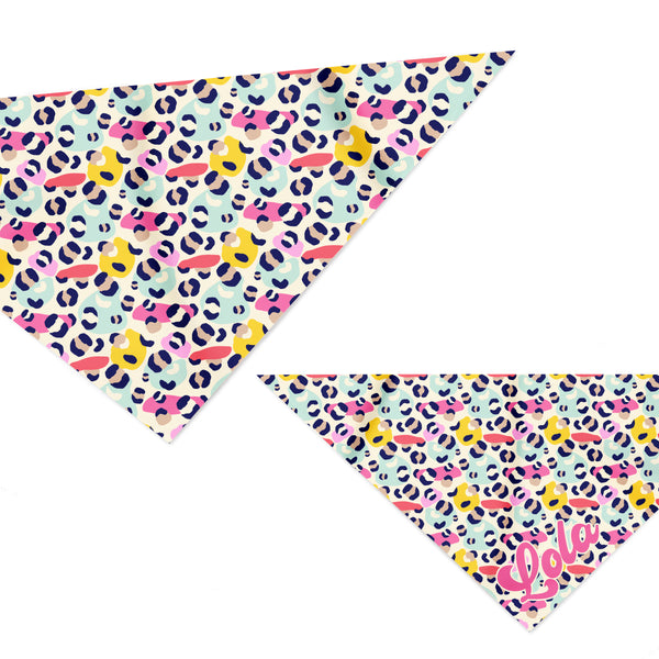 dog athleisure bandana made from stretchy fabric. Featuring a leopard animal print in multiple colors including pink, yellow and blue